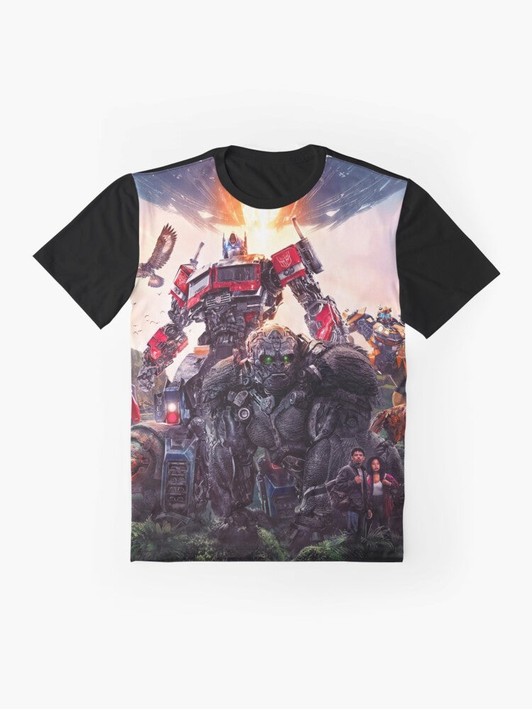 Transformers: Rise of The Beasts graphic t-shirt featuring Autobots and Decepticons - Flat lay