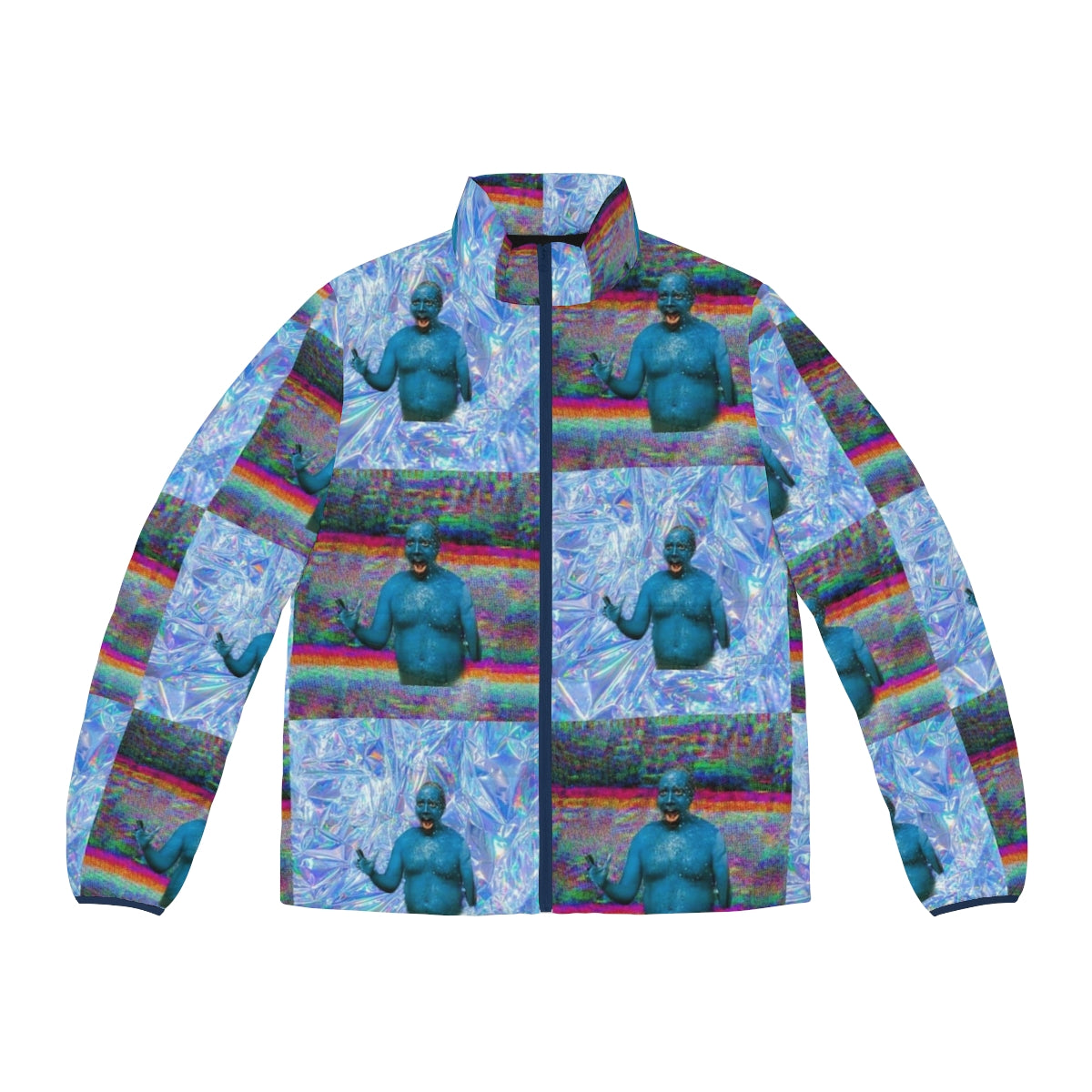 Marty Wolf puffer jacket from the movie "Big Fat Liar" with a vaporwave, glitch, and holographic aesthetic