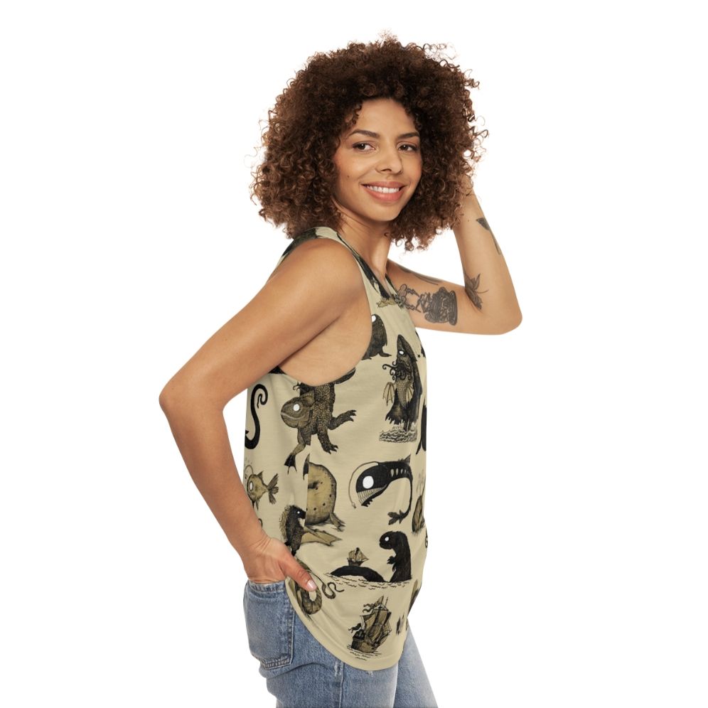 Unisex tank top with a pattern of mythical sea creatures - women side