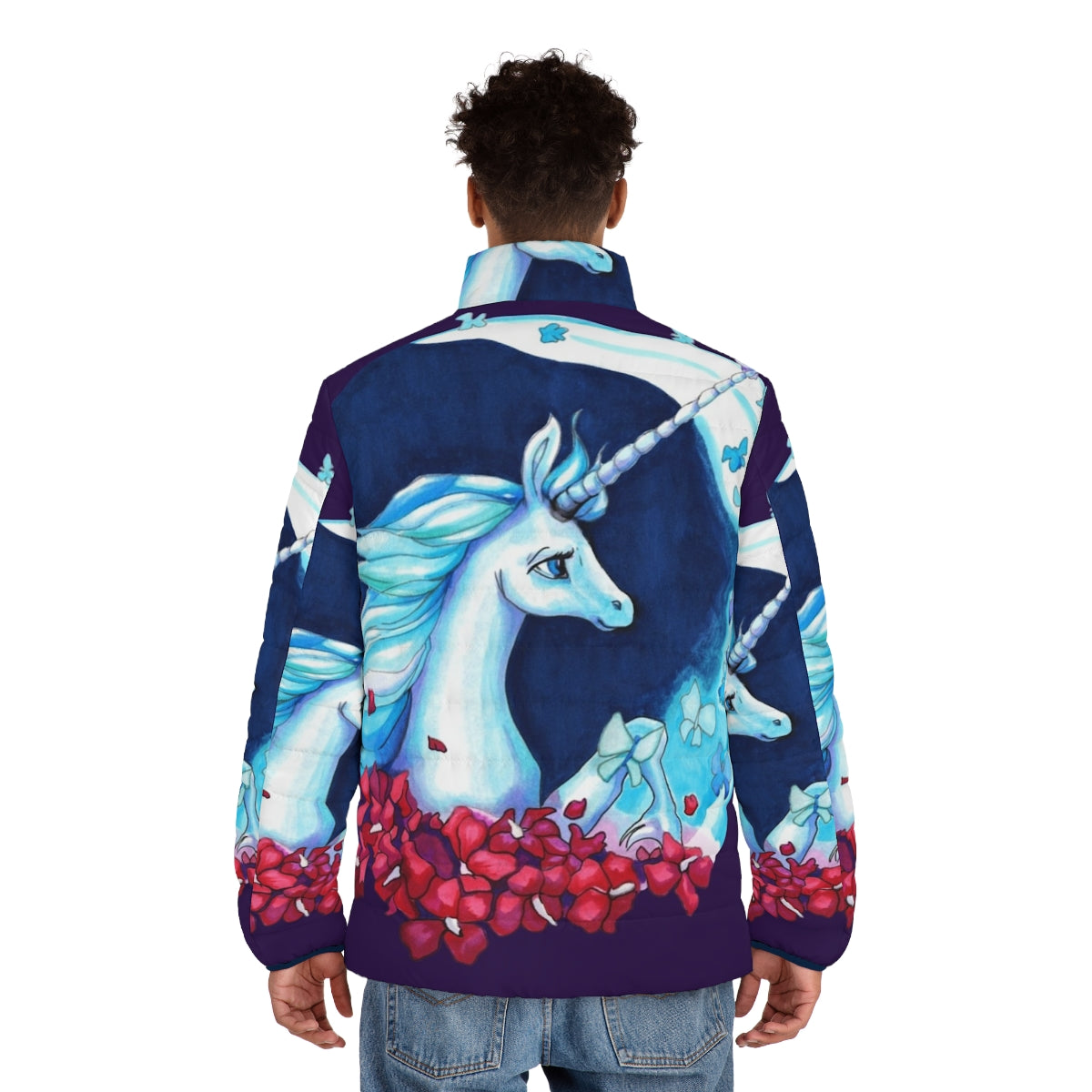 A whimsical puffer jacket featuring the iconic unicorn from the beloved fantasy film "The Last Unicorn" - men back