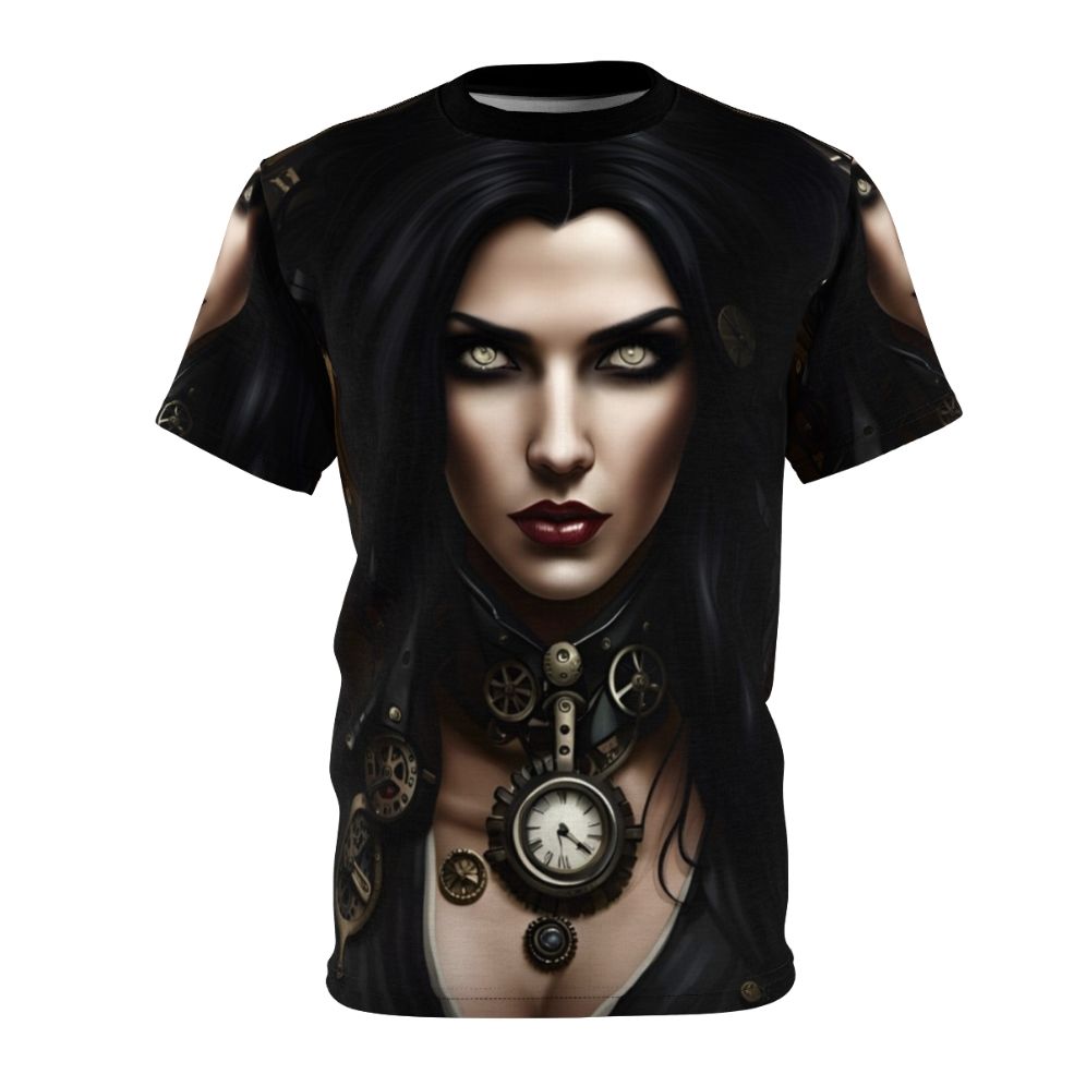 Steampunk-inspired women's t-shirt with a retro futuristic vampire design, featuring mechanical elements and gothic accessories.