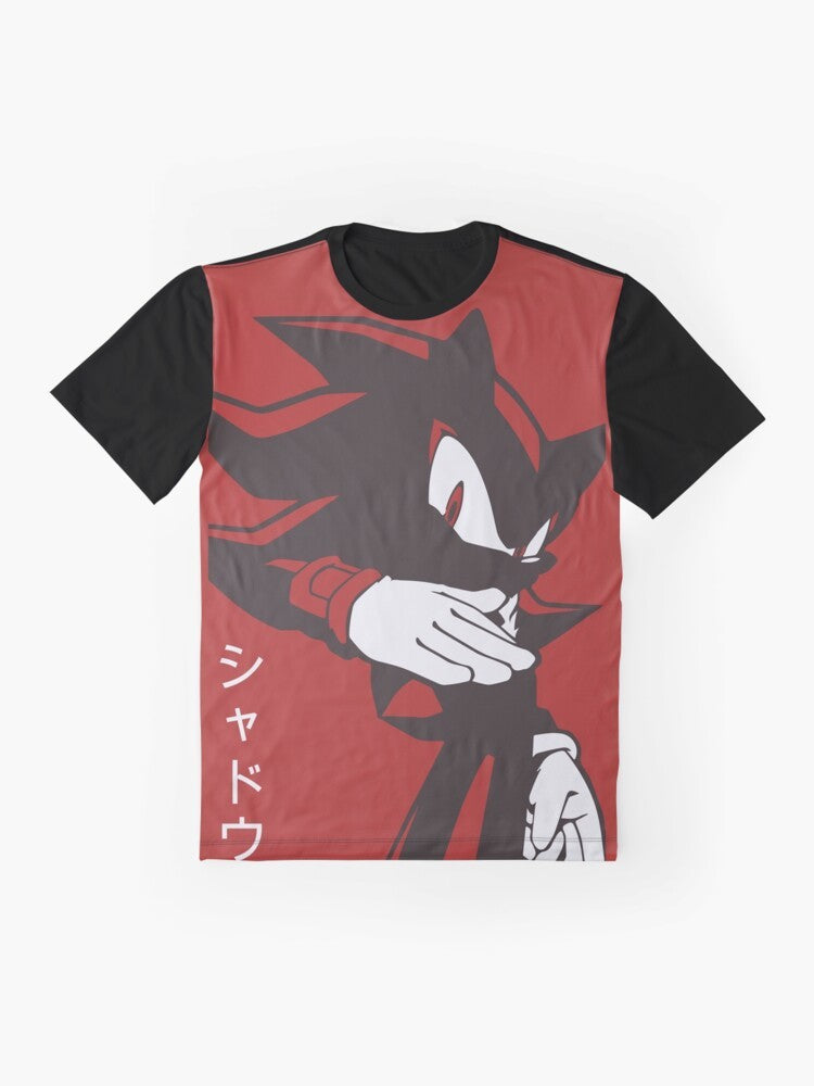 Shadow Hedgehog anime manga style graphic t-shirt with red background - Flat lay