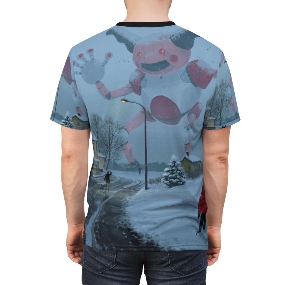 Mecha robot figure standing in a snowy, post-apocalyptic landscape on an all-over print t-shirt - men back