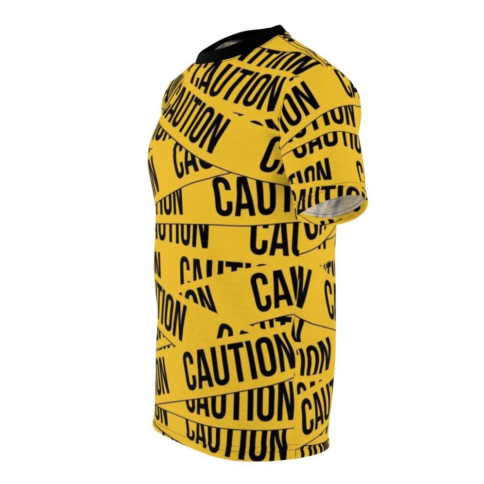 Caution-themed t-shirt with police tape, danger zone, and warning sign graphics - men left