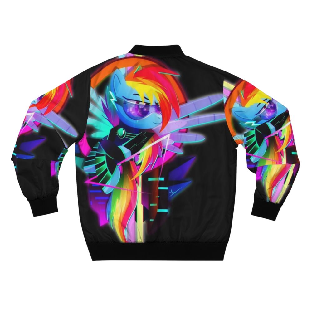 Vibrant synthwave-inspired bomber jacket featuring the character Rainbow Dash from My Little Pony: Friendship is Magic. - Back