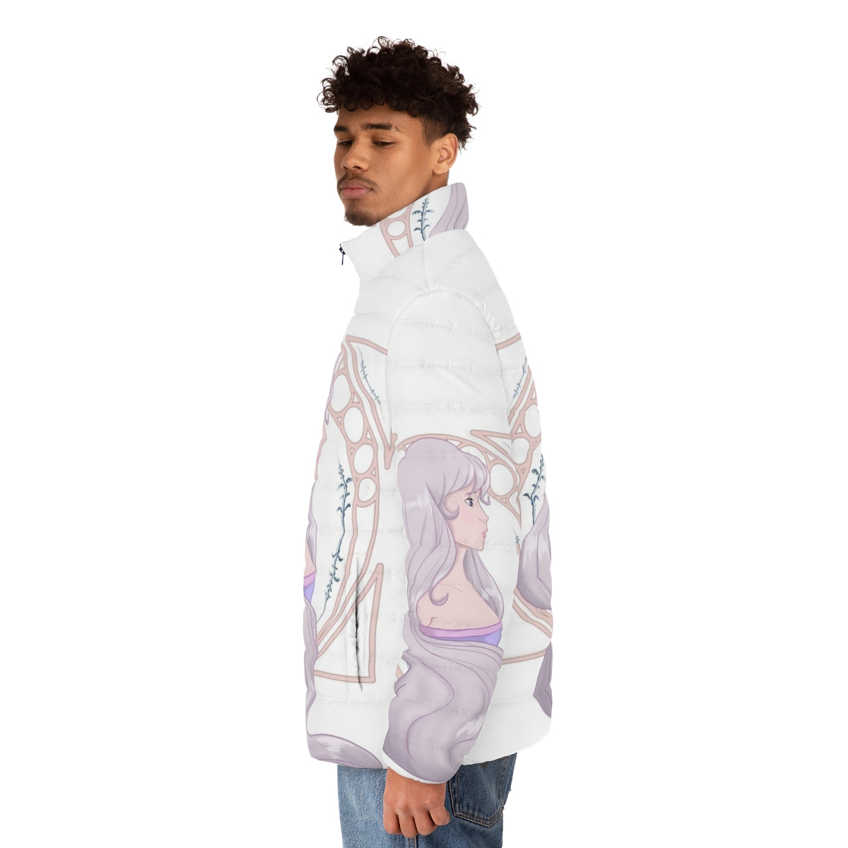 Lady Amalthea white unicorn puffer jacket from the film The Last Unicorn - men side left