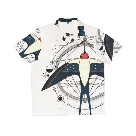 Geometric swallow boho art design on a Hawaiian shirt