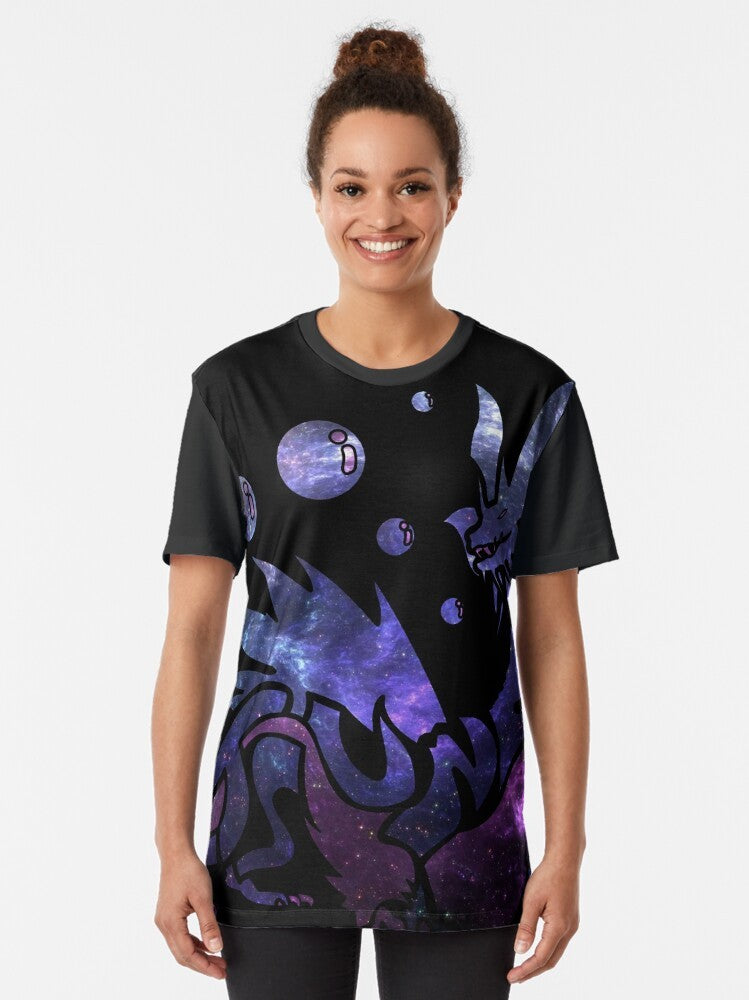 Minimalist graphic t-shirt featuring the Mizutsune monster from Monster Hunter World set against a galaxy background - Women