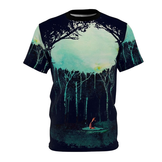 Artistic watercolor design of a deep forest landscape with a woodland fox