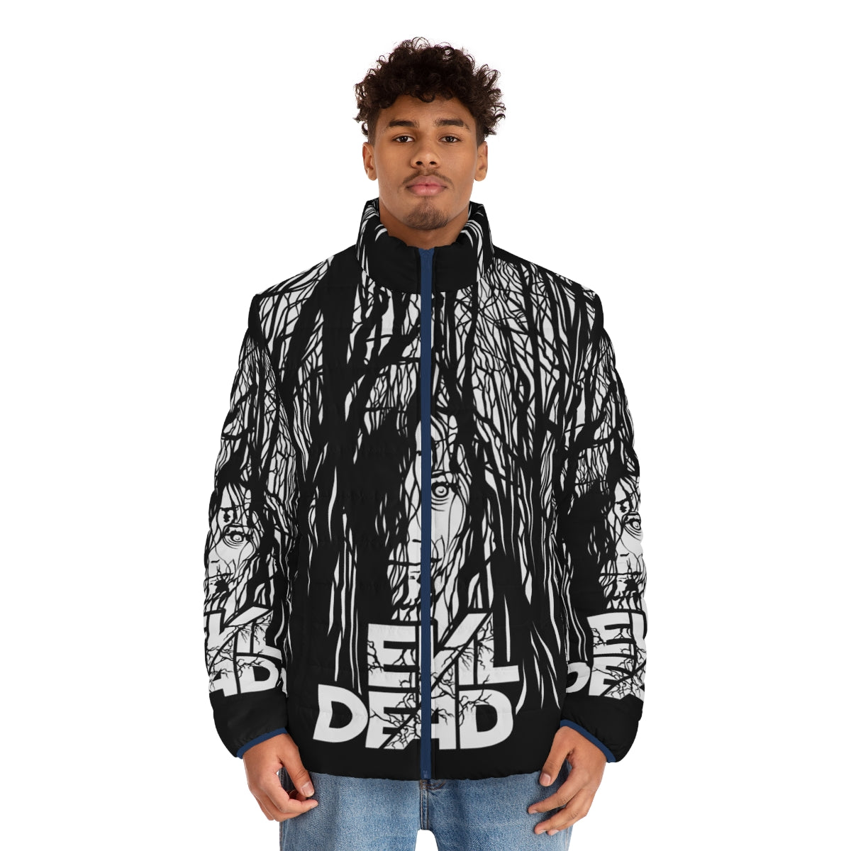 Evil Dead-inspired puffer jacket with gothic and horror-themed design - men front