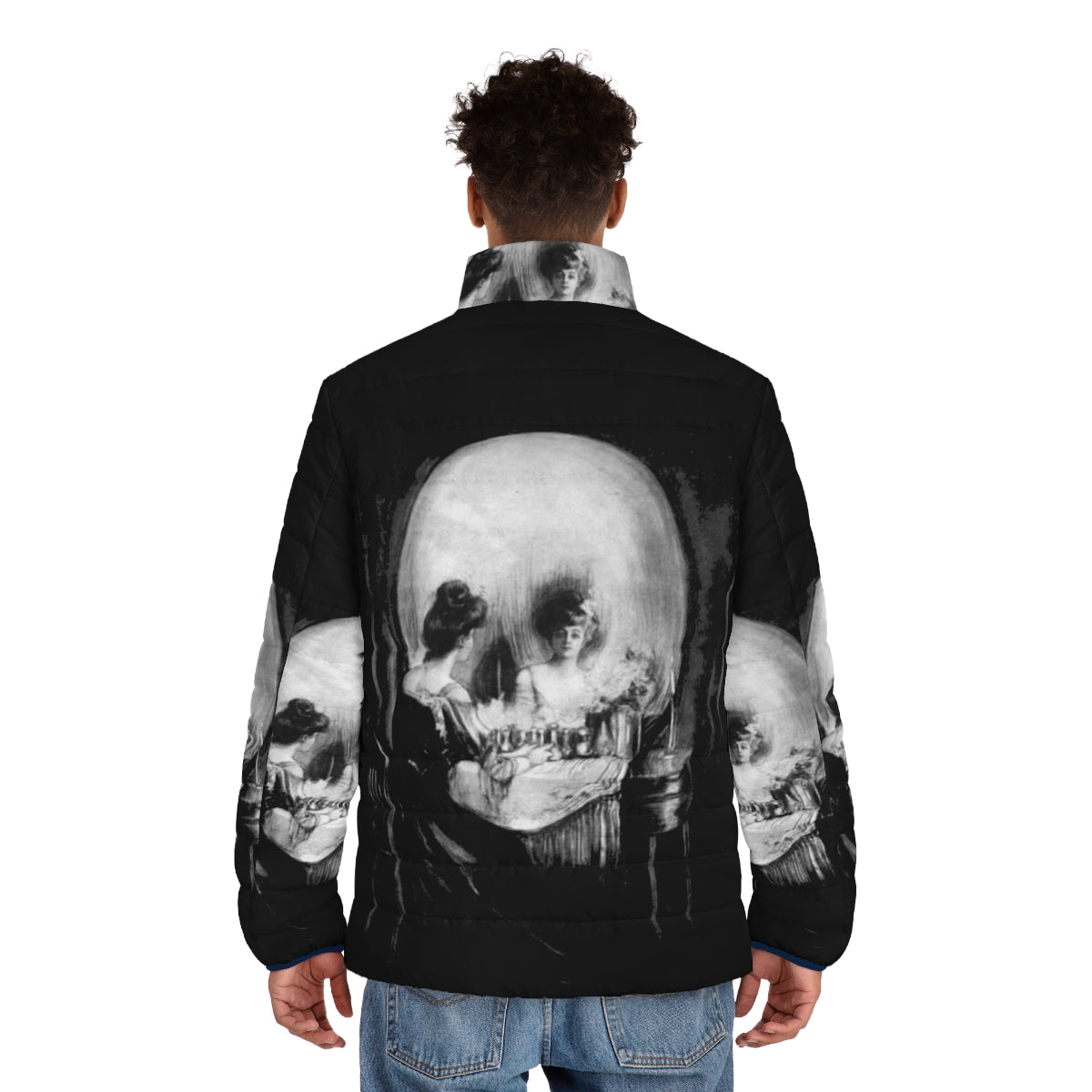 All Is Vanity Gothic Puffer Jacket featuring a skull design inspired by the artwork of Charles Allan Gilbert - men back