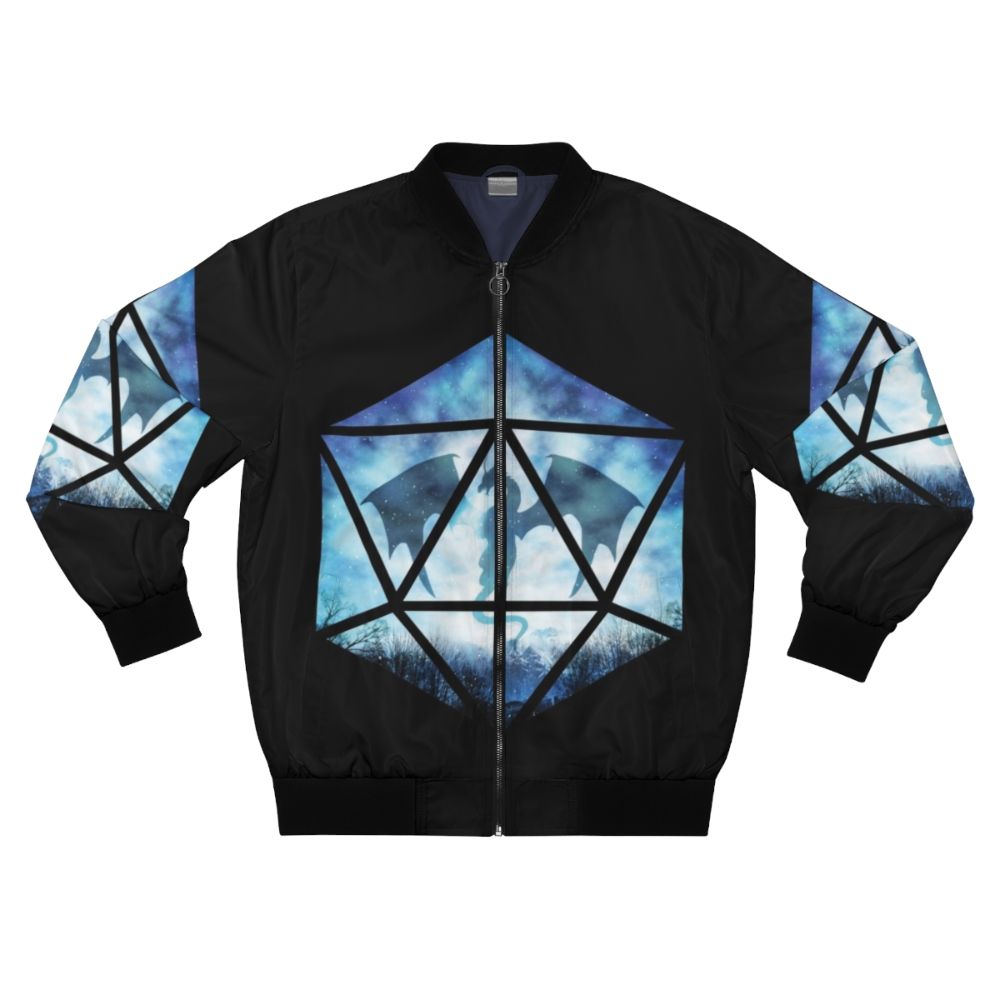 An ice dragon D20 bomber jacket with a blue and white design