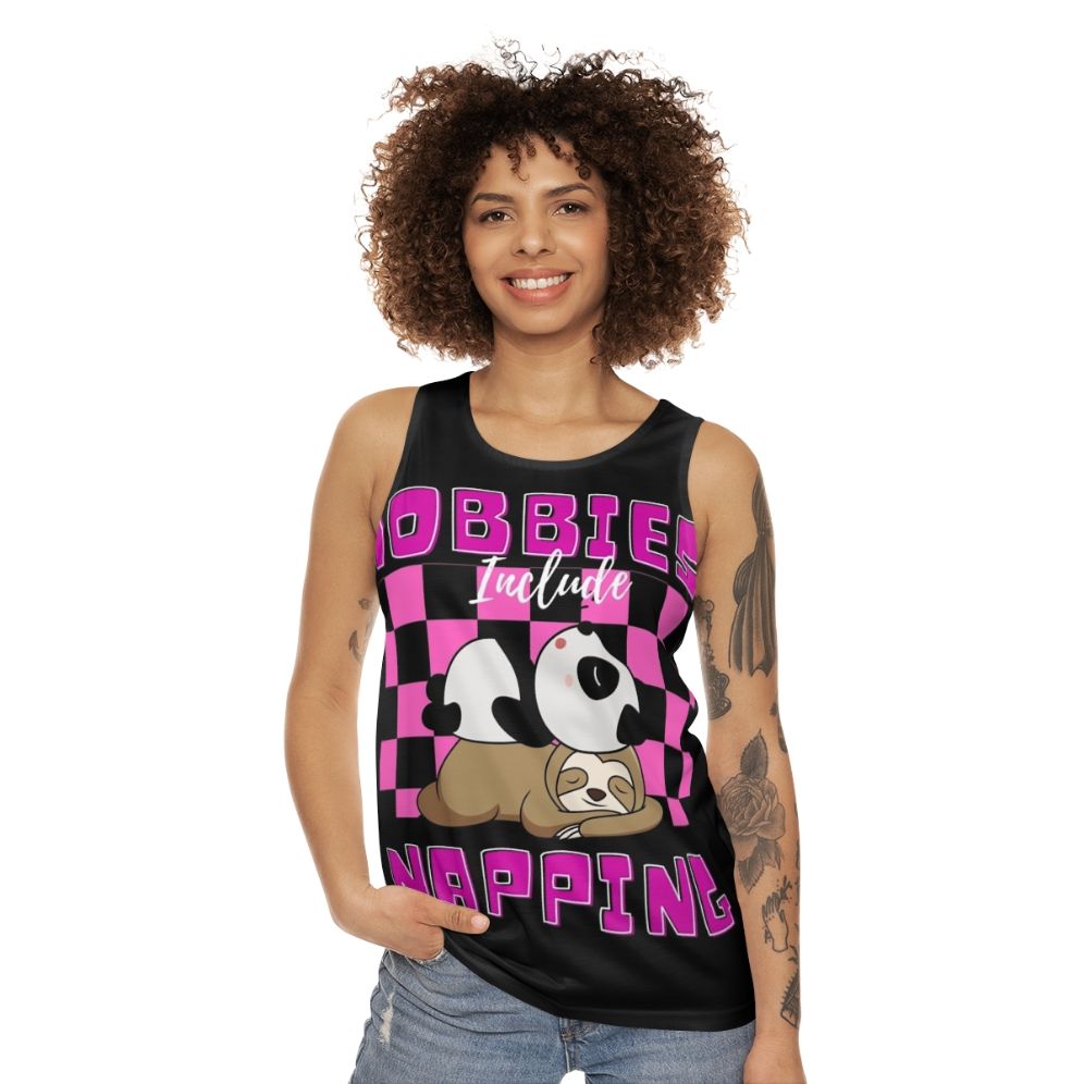 Unisex tank top with 'Hobbies Include Napping' design - women