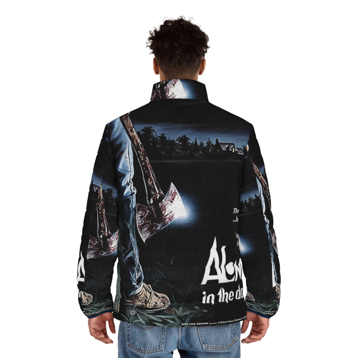 Horror themed puffer jacket featuring Alone In The Dark movie graphics - men back