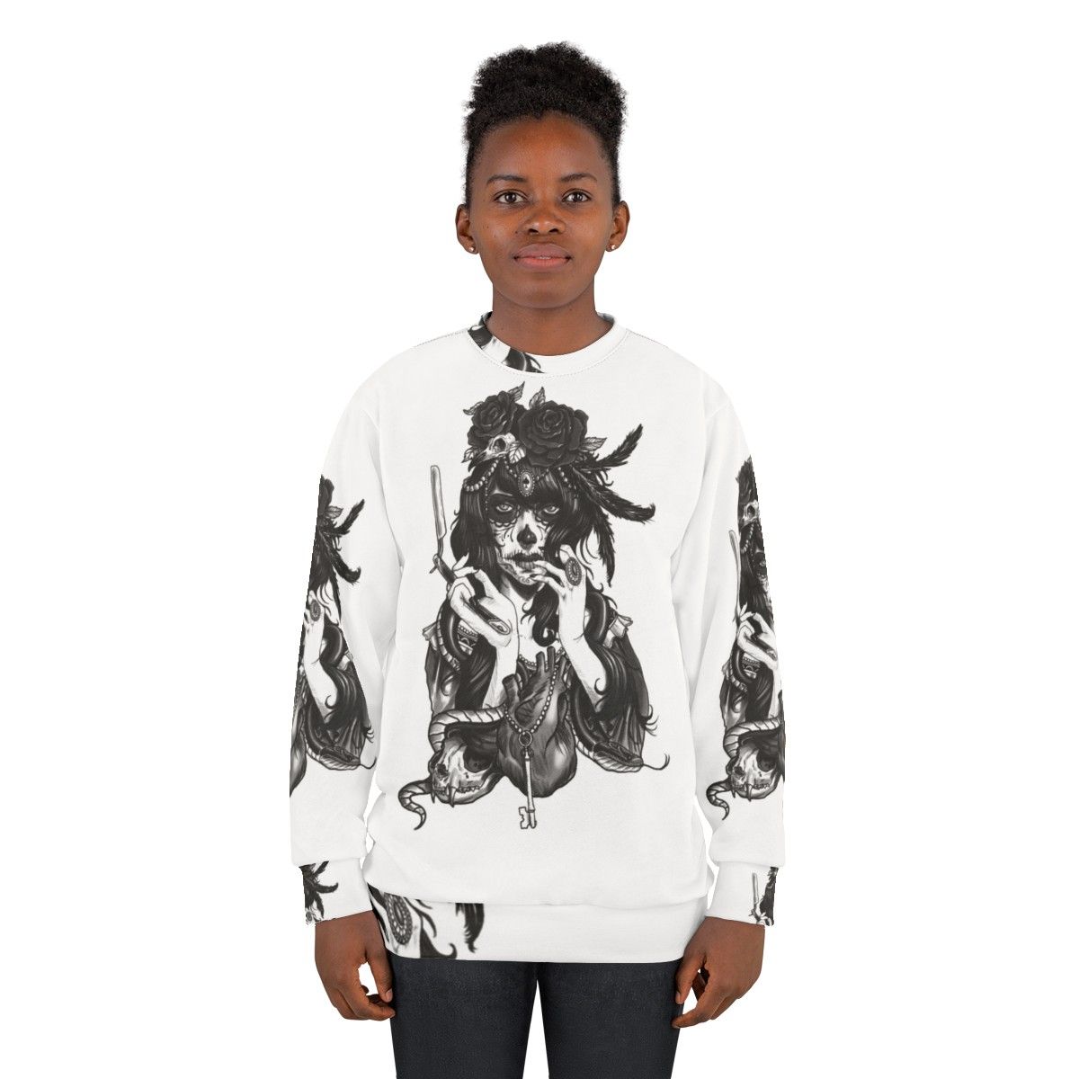 Dia de los muertos sugar skull sweatshirt featuring floral and tattoo design elements - women