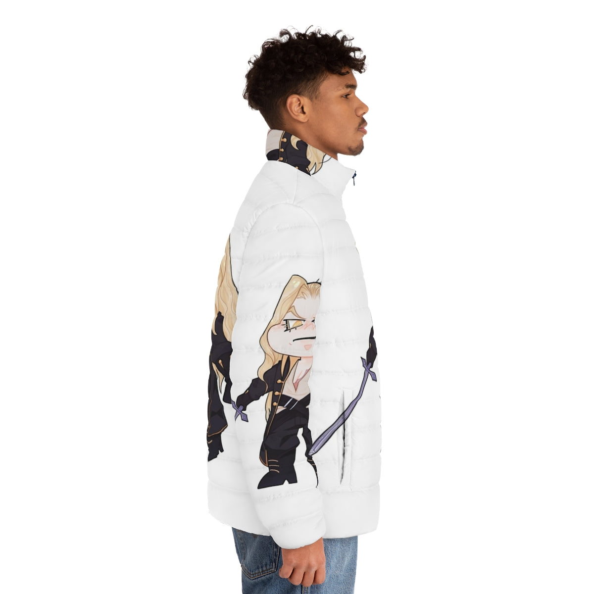 Chibi Alucard Castlevania character on puffer jacket - men side right