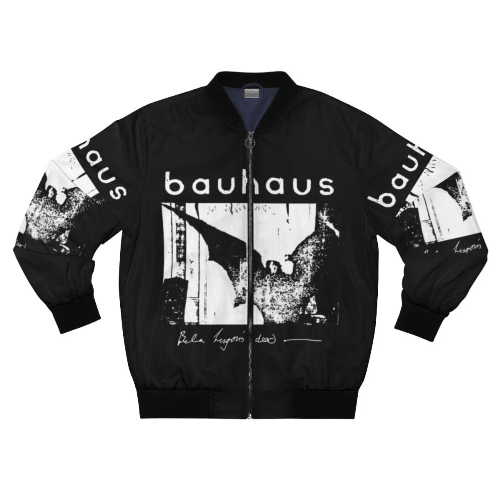 Bauhaus inspired bomber jacket with bat wing design and "Bela Lugosi's Dead" text