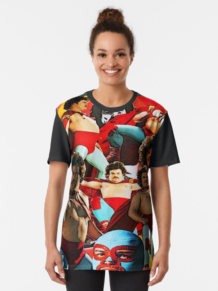 Man wearing a t-shirt with a graphic design of a luchador, inspired by the movie Nacho Libre starring Jack Black. - Women