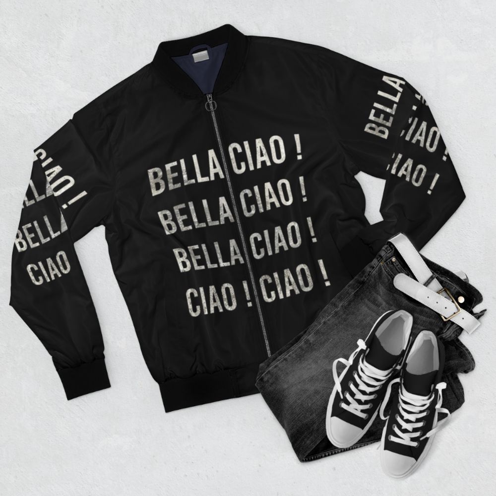 Bella Ciao bomber jacket inspired by the popular Netflix series La Casa de Papel - Flat lay