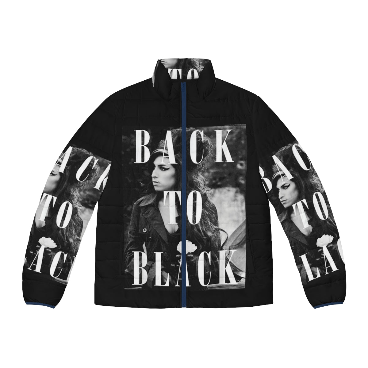 Black puffer jacket with vintage Amy Winehouse soul music inspired design