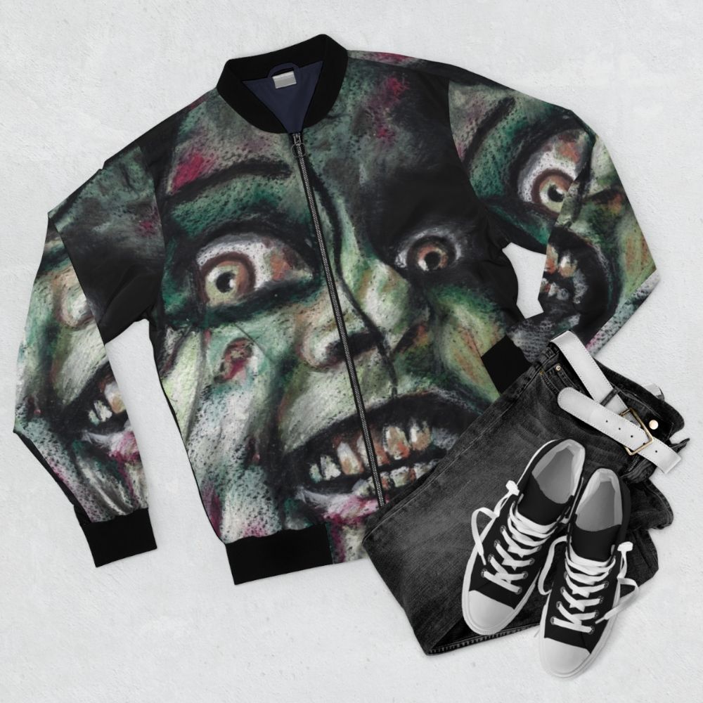 Evil Dead Horror Bomber Jacket featuring a green, scary design - Flat lay