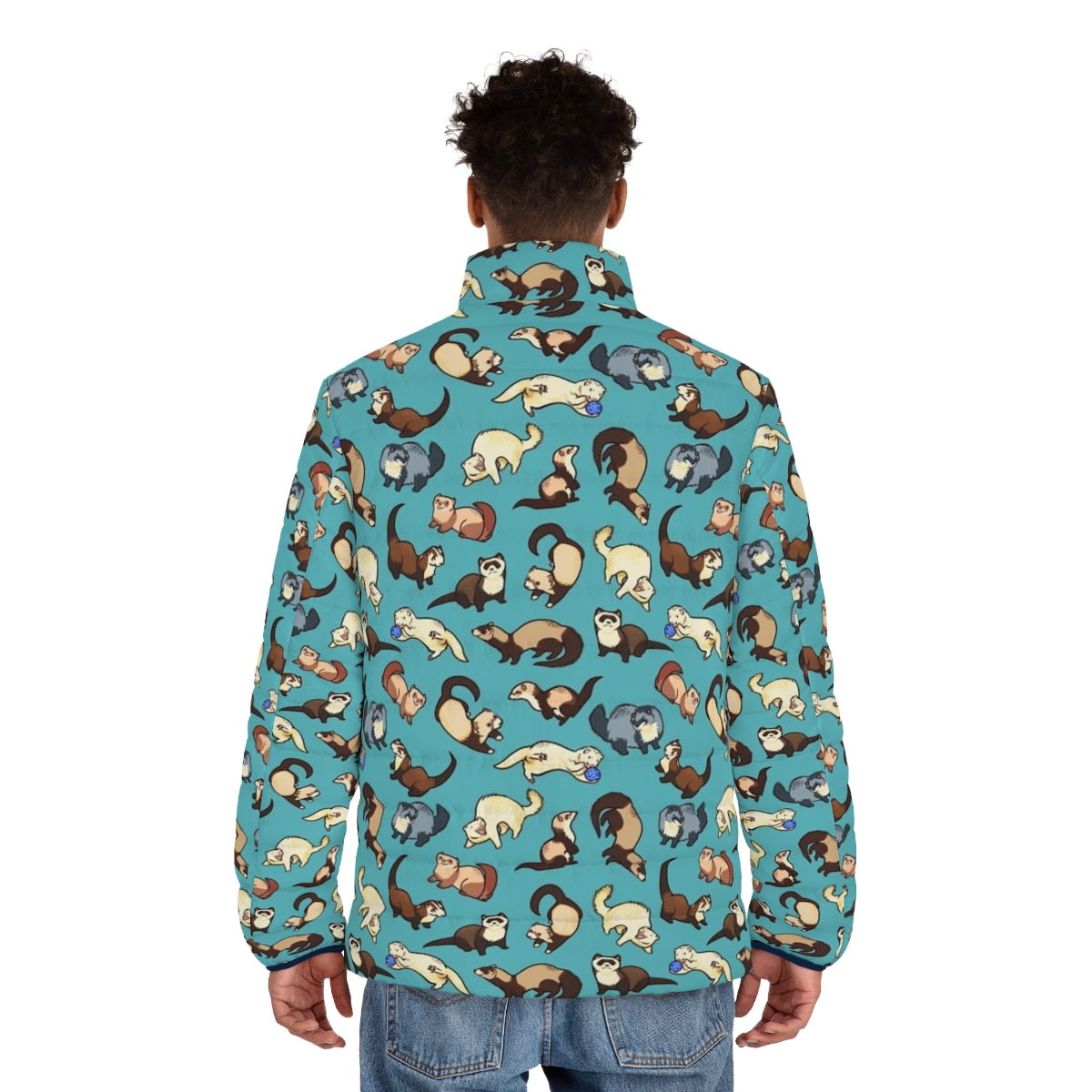 A blue puffer jacket with a cute cat snake pattern, perfect for ferret lovers - men back