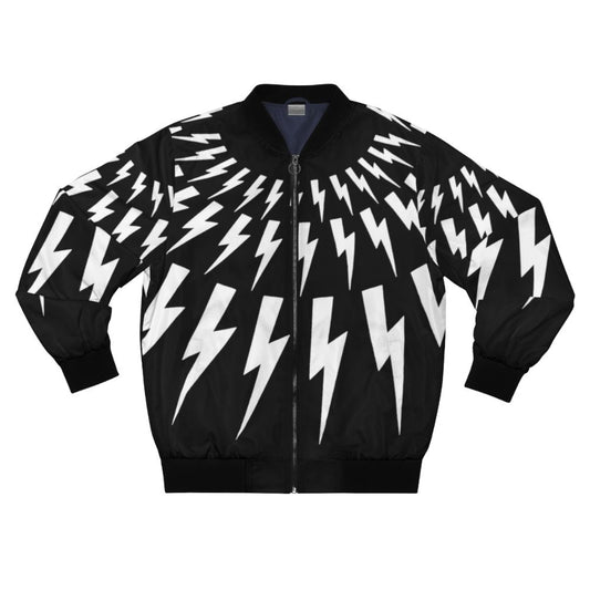 Black and white bomber jacket with a bold lightning bolt graphic design