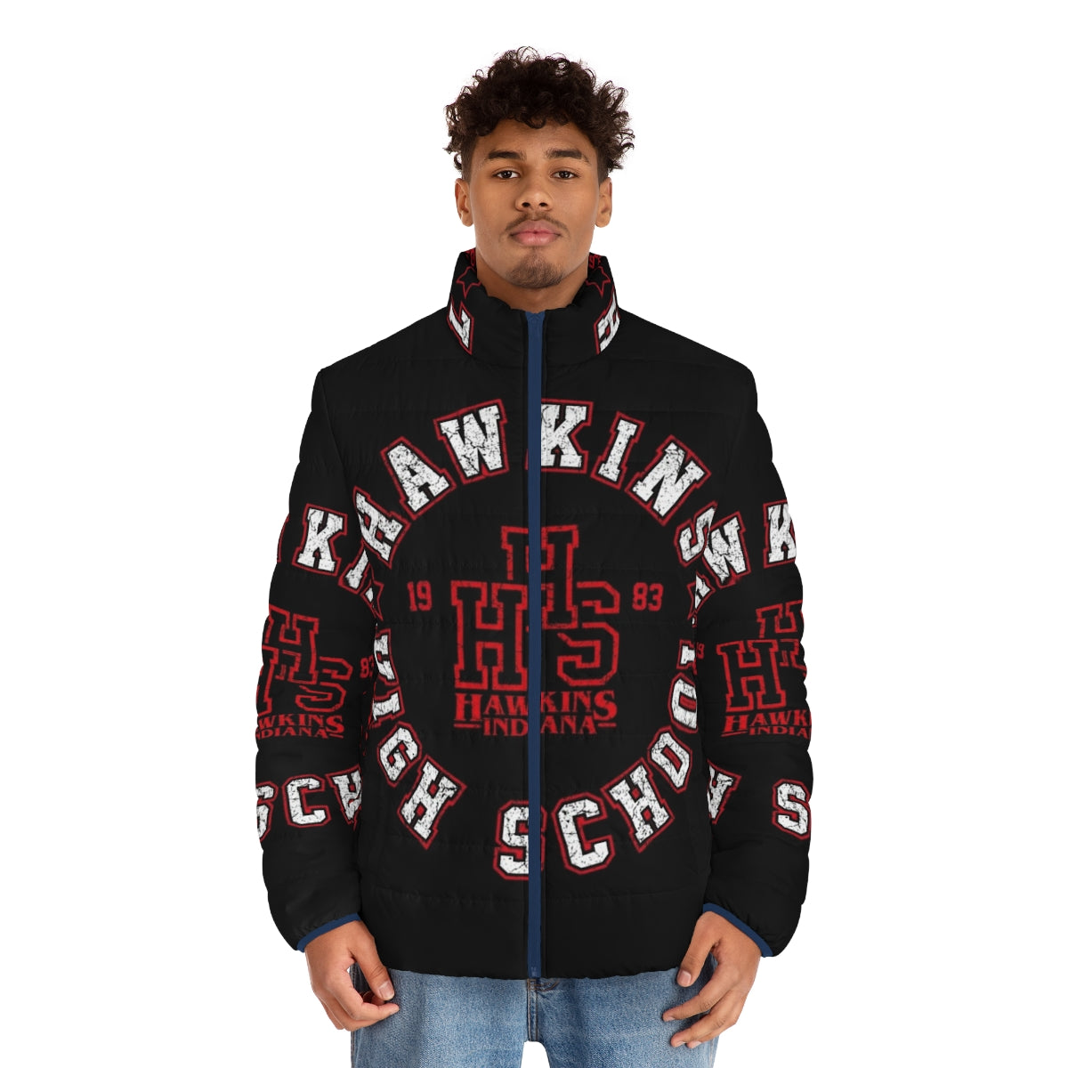 Retro '80s Hawkins High School Puffer Jacket inspired by Stranger Things - men front