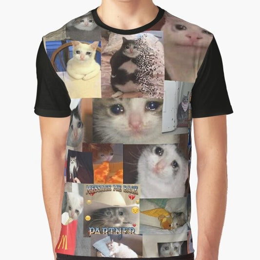 Crying cat meme graphic design on a t-shirt