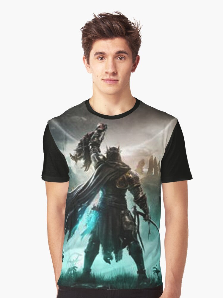 Elden Ring video game inspired graphic t-shirt featuring dark souls-style fantasy design. - Men