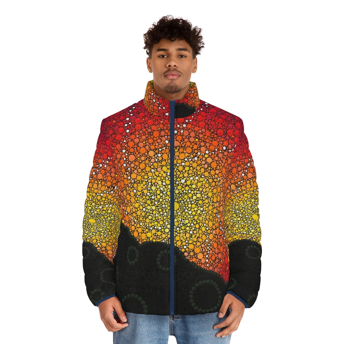 Early Warning Aboriginal Puffer Jacket with Indigenous Australian Art Designs - men front