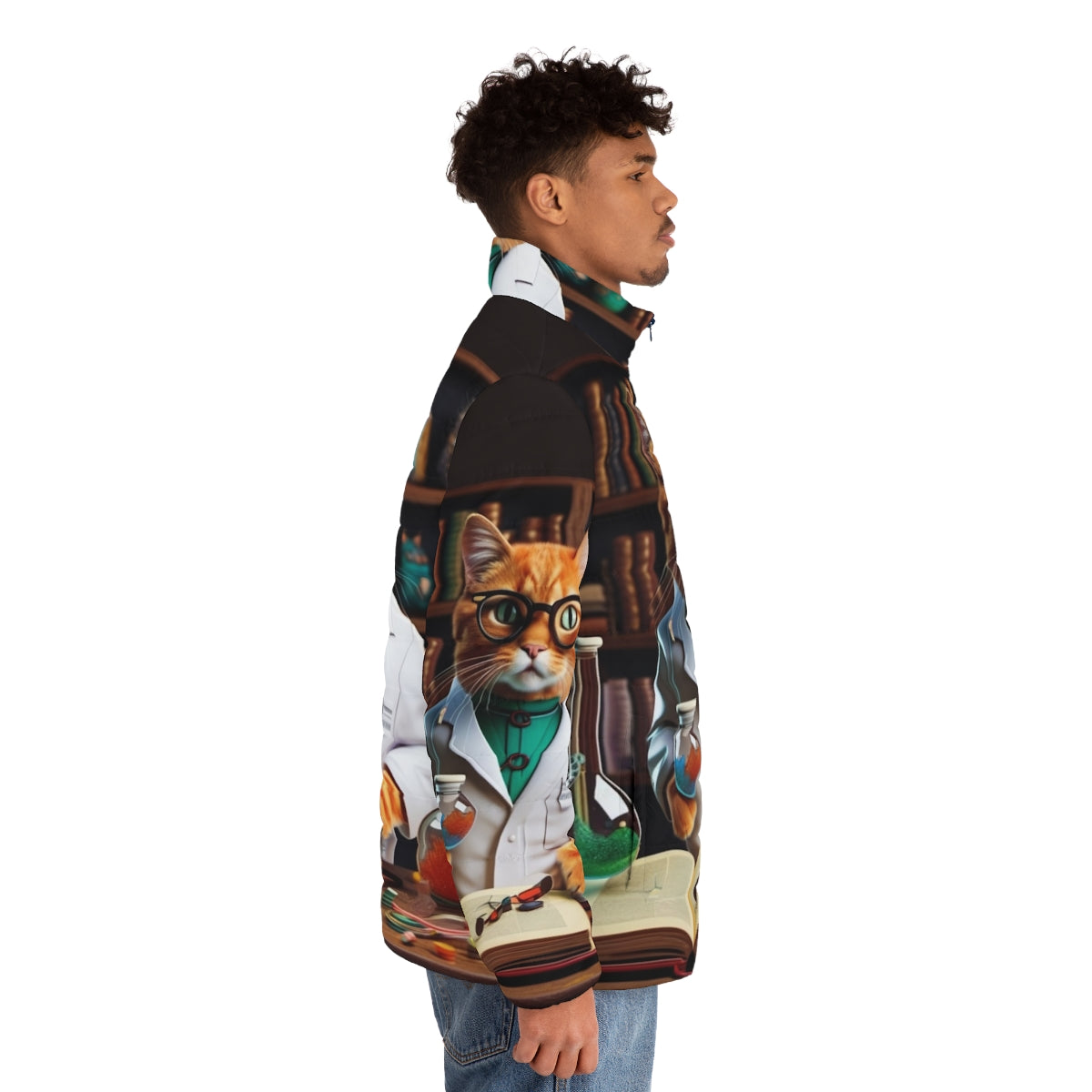 A cat wearing a colorful and playful puffer jacket - men side right