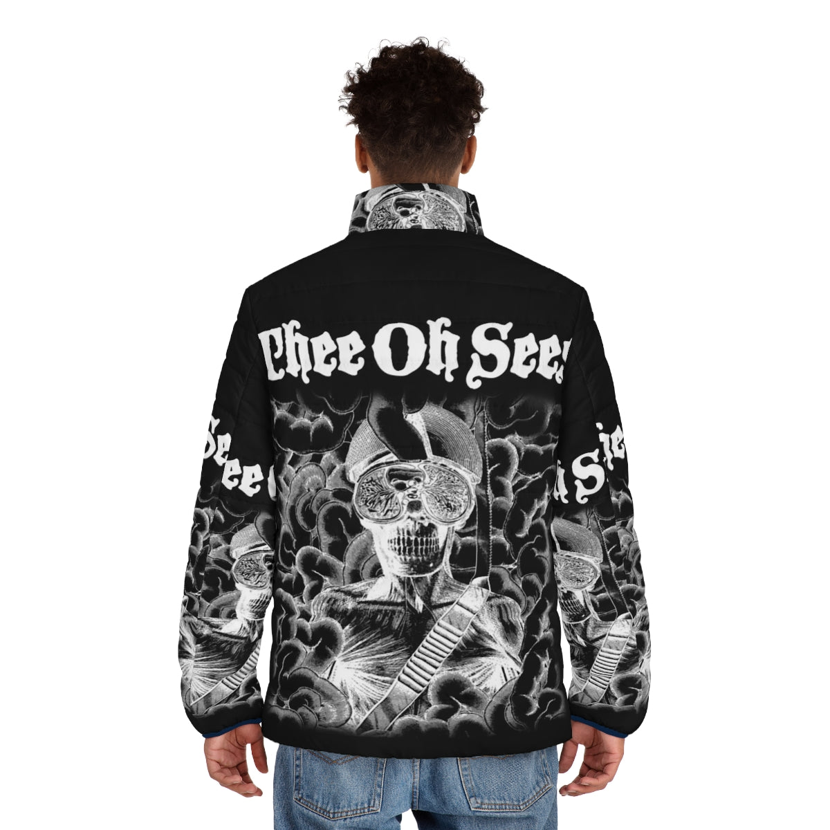 A puffer jacket featuring the album artwork of Thee Oh Sees' "Carrion Crawler" - men back