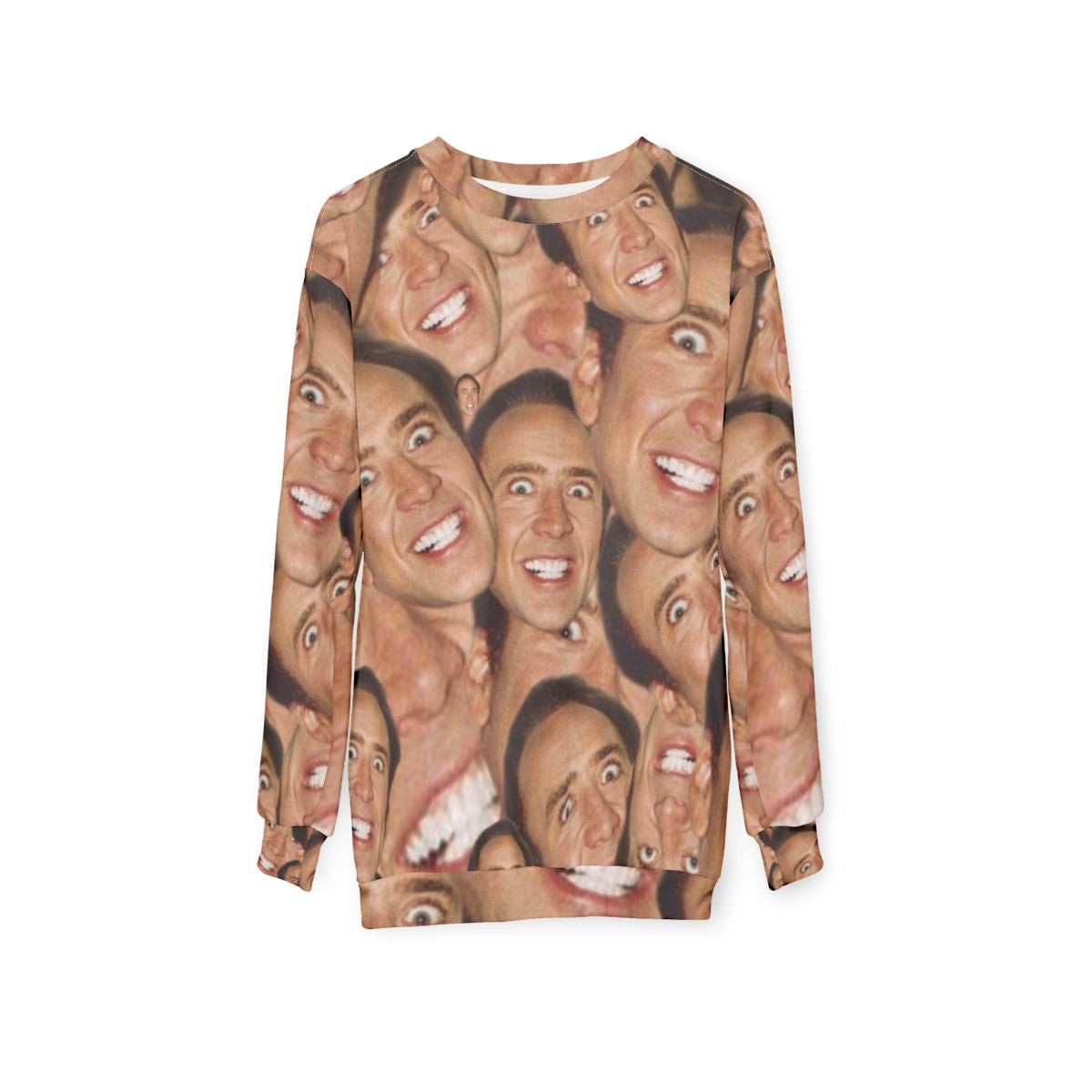 Nicolas Cage face collage design on a sweatshirt - hanging