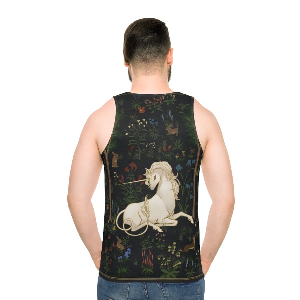 Unicorn in a fantasy woodland scene - men back