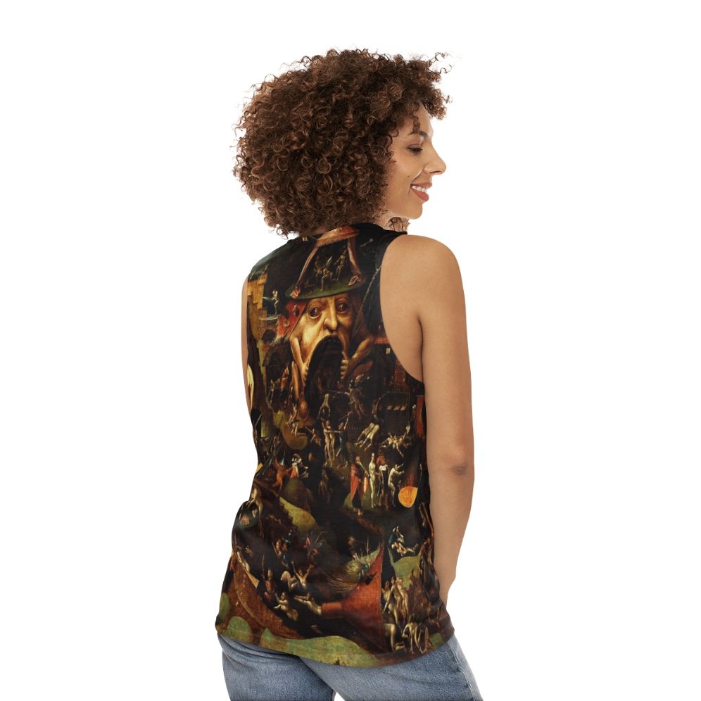 Unisex tank top featuring Hieronymus Bosch's "Christ in Limbo" painting - women back