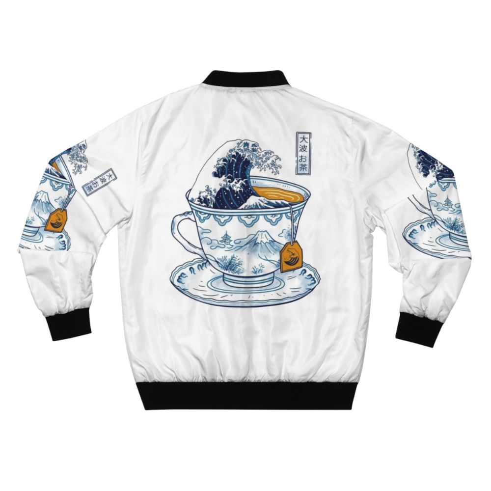 A bomber jacket featuring the iconic "The Great Wave off Kanagawa" design and a tea theme. - Back