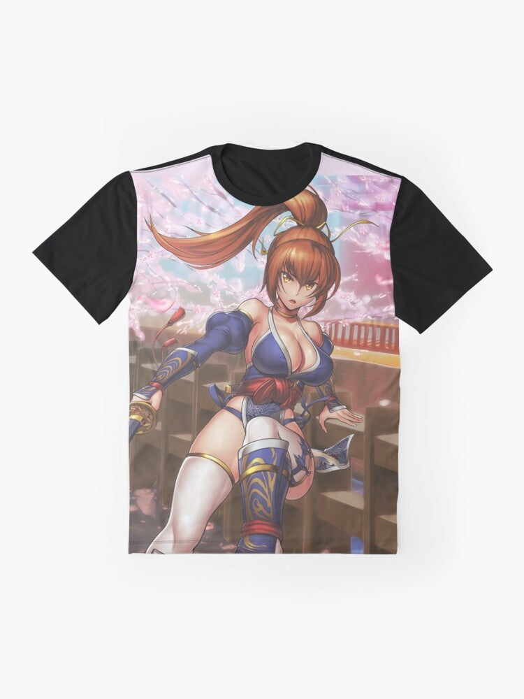 Kasumi, a female ninja from the Ninja Gaiden and Dead or Alive video game series, featured on a graphic t-shirt. - Flat lay