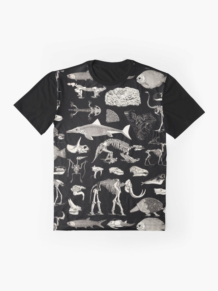 Paleontology illustration graphic t-shirt featuring dinosaur fossils, skeletons, and ancient archaeological symbols - Flat lay