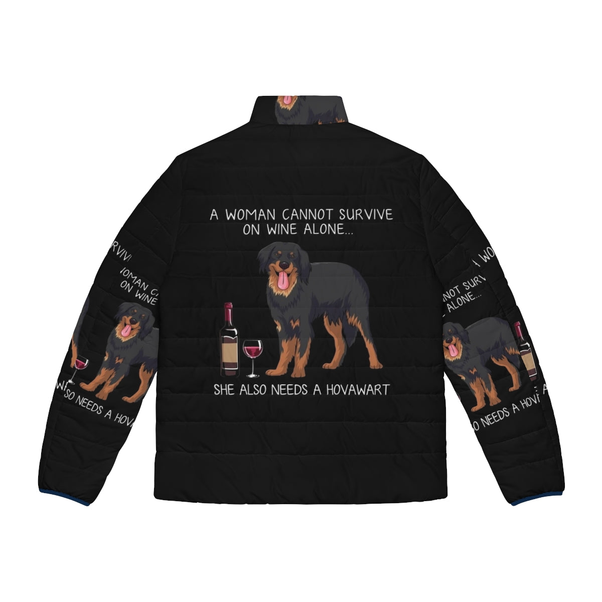 Hovawart dog wearing a puffer jacket with a funny dog and wine design - Back