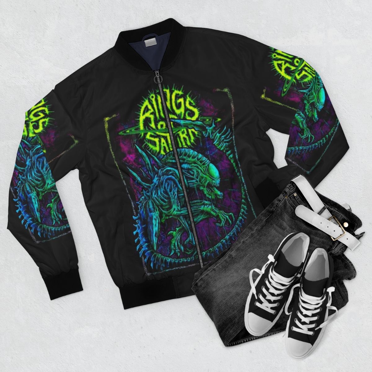 Rings of Saturn Xeno Heavy Metal Bomber Jacket - Flat lay