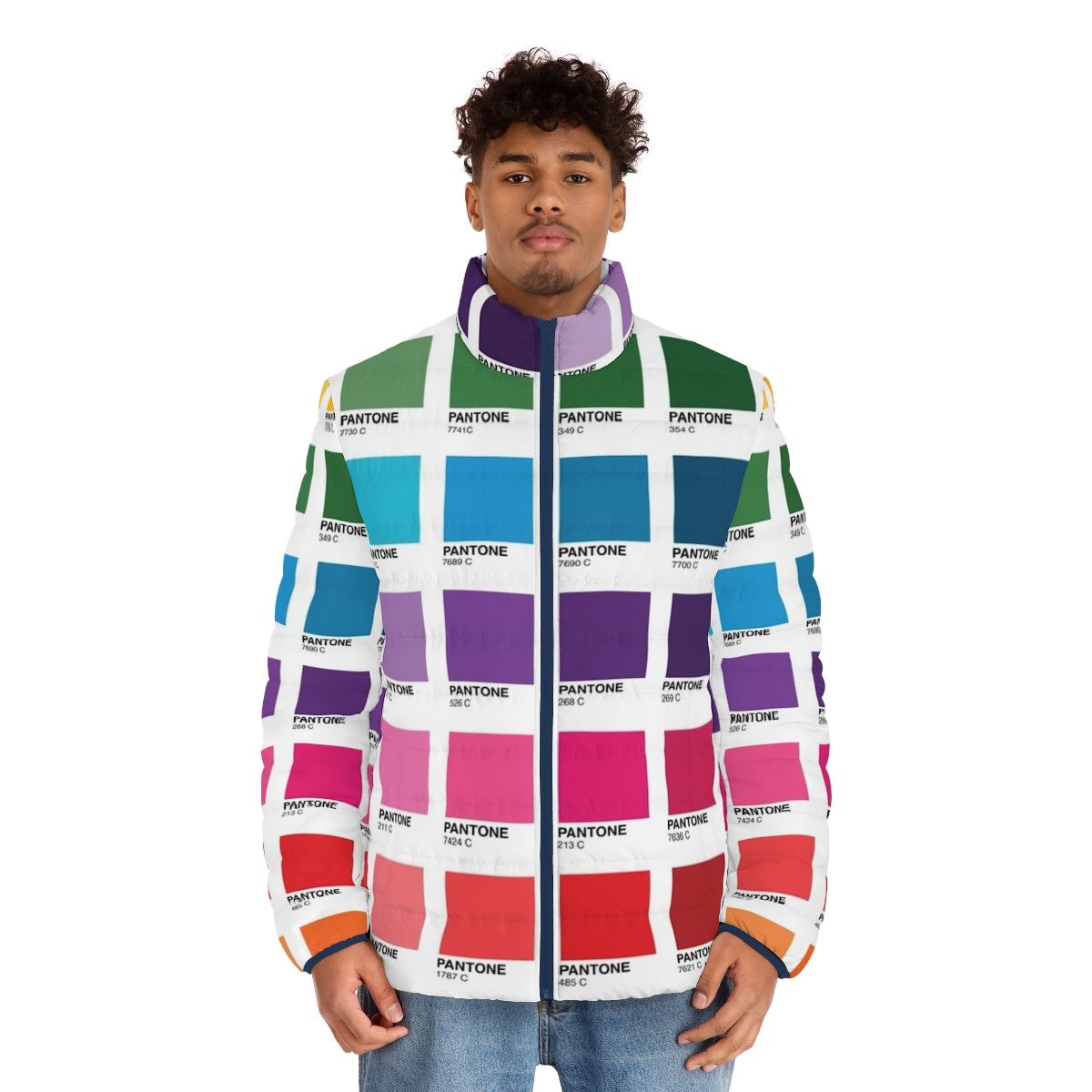 Puffer jacket in a vibrant Pantone color palette, perfect for fashion and graphic designers. - men front