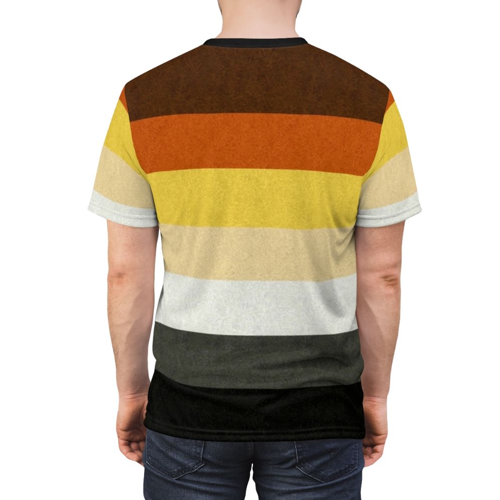 Colorful graphic t-shirt featuring a gay pride flag design on a background - men back