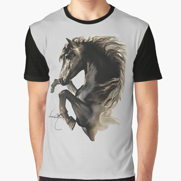 A powerful black horse rearing up in a graphic design on a black t-shirt