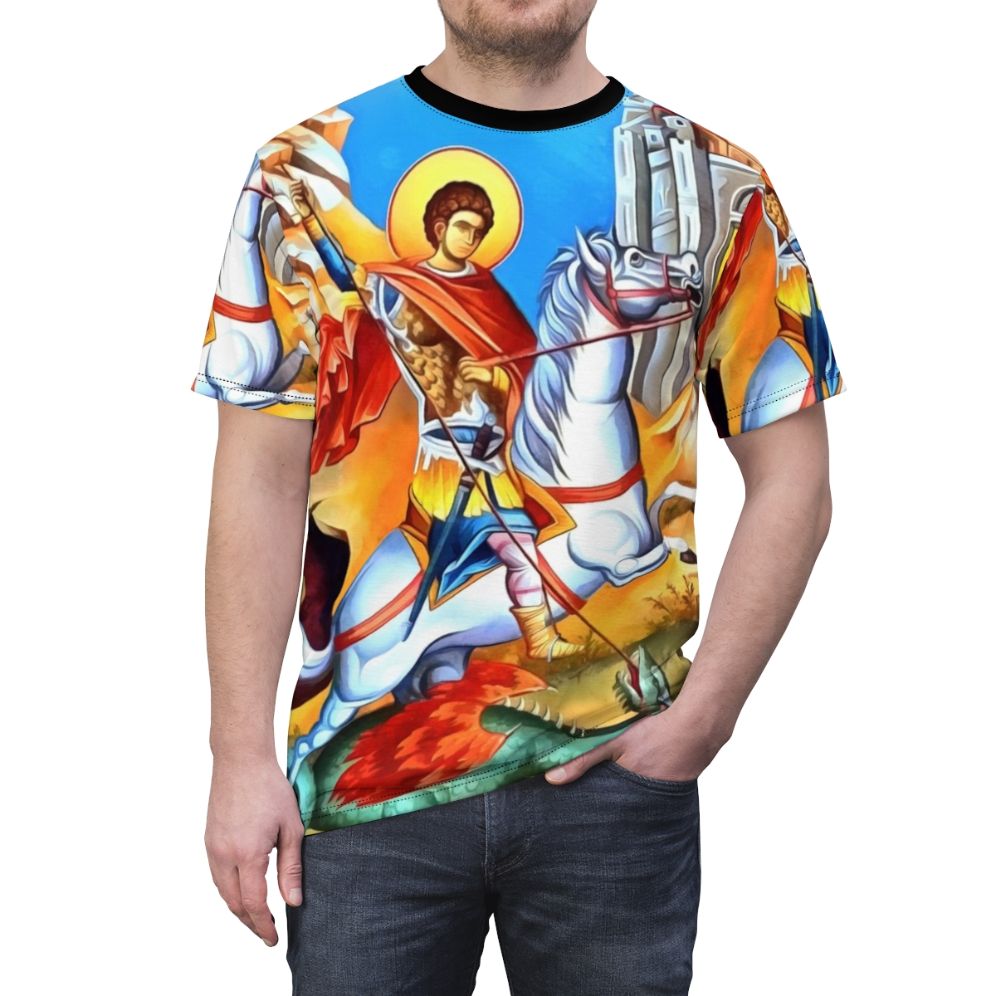 Illustration of Saint George riding a white horse, Christian faith apparel - men front