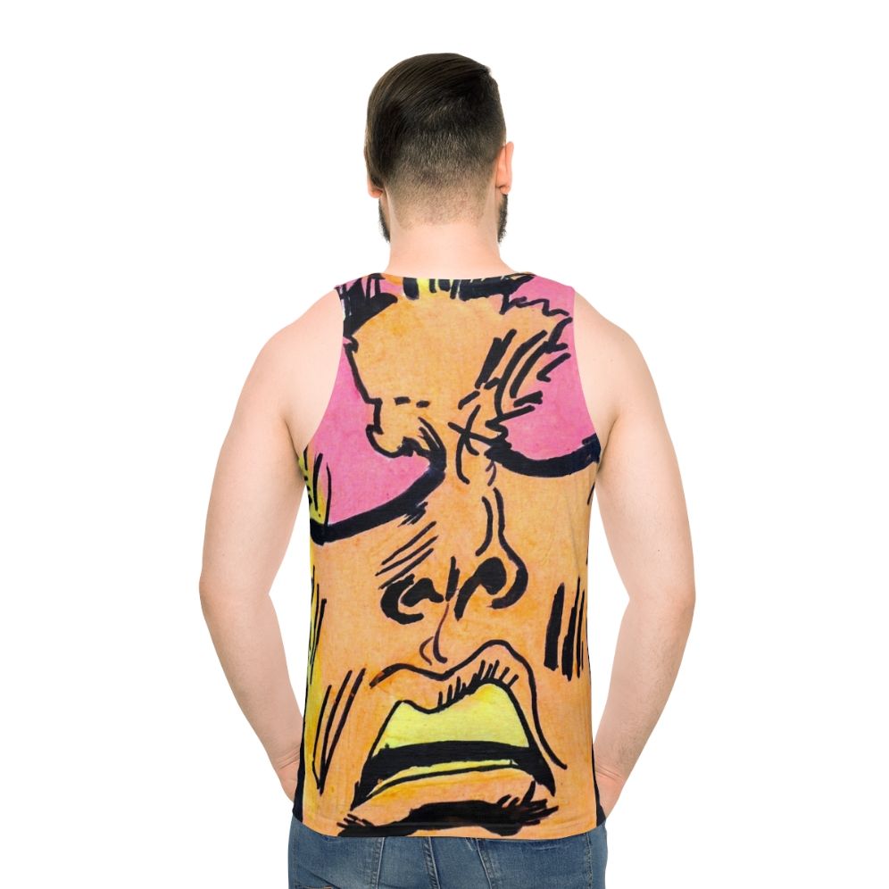 Retro comic art unisex tank top with expressive superhero faces - men back