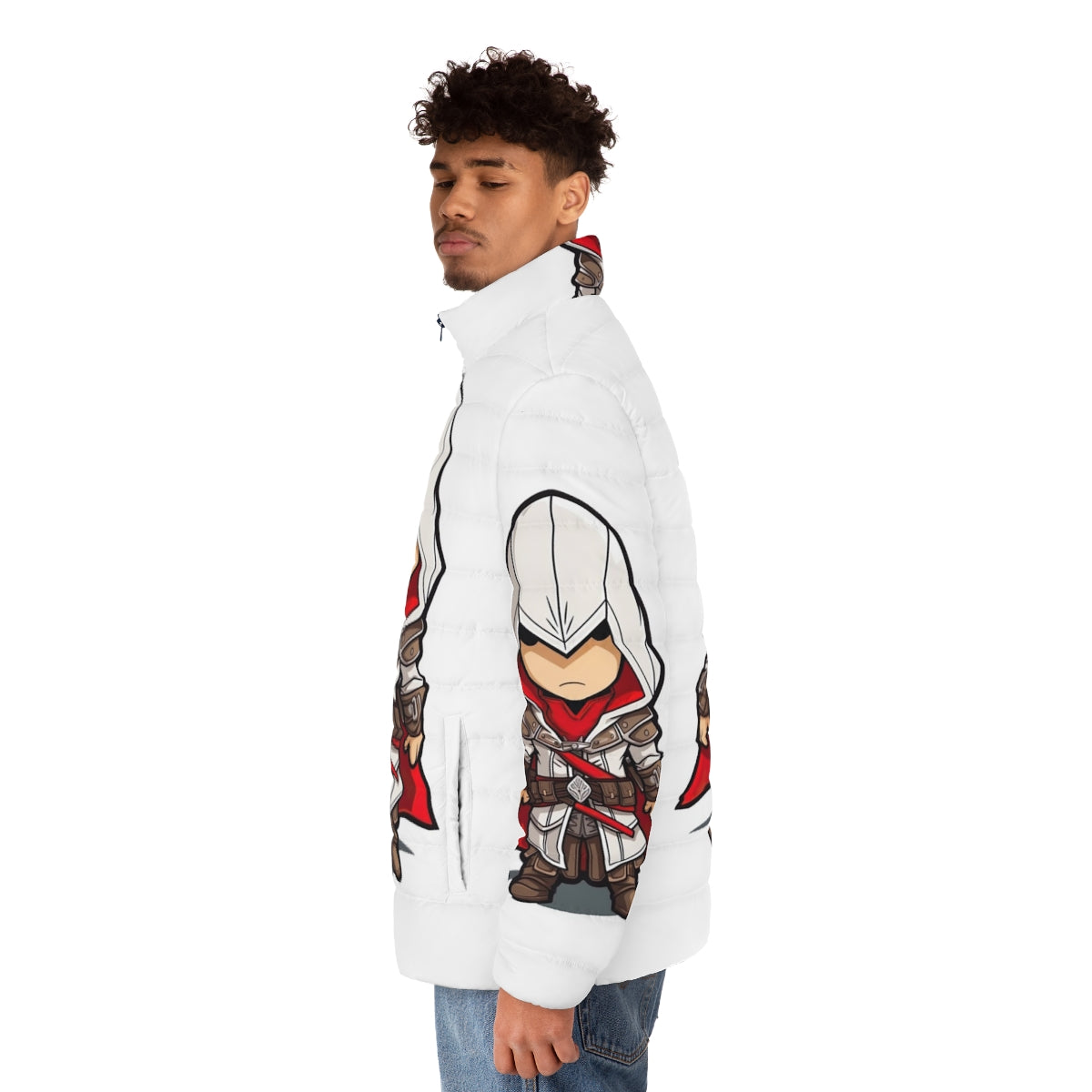 Assassin's Creed Chibi Puffer Jacket featuring a cute and stylized character design - men side left