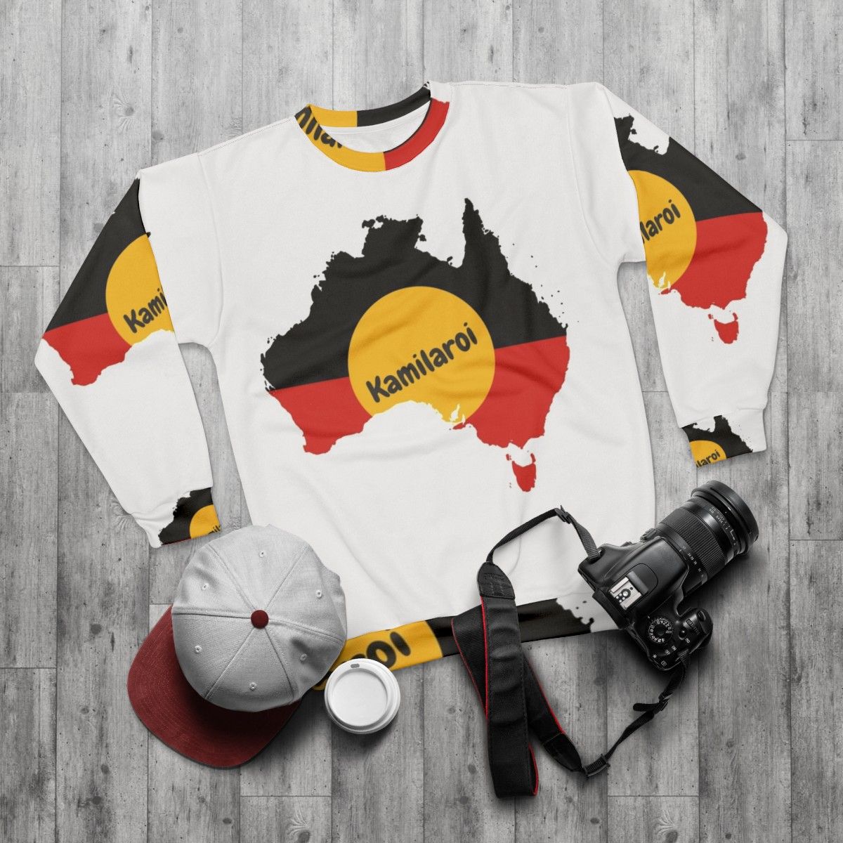 Kamilaroi Aboriginal Australian Sweatshirt featuring indigenous Australian art and culture - flat lay