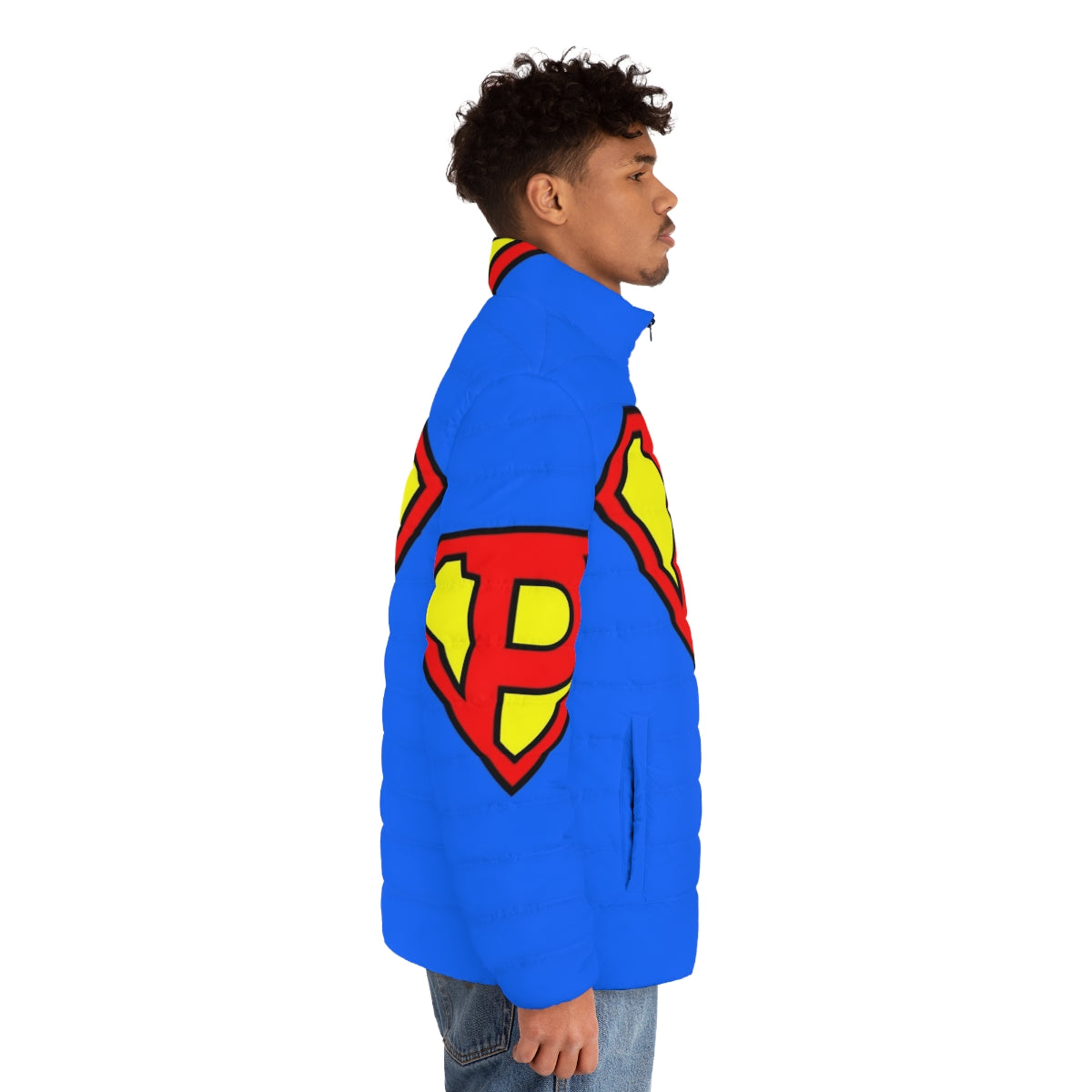 Super Letter P Puffer Jacket - Superhero Themed Outerwear - men side right