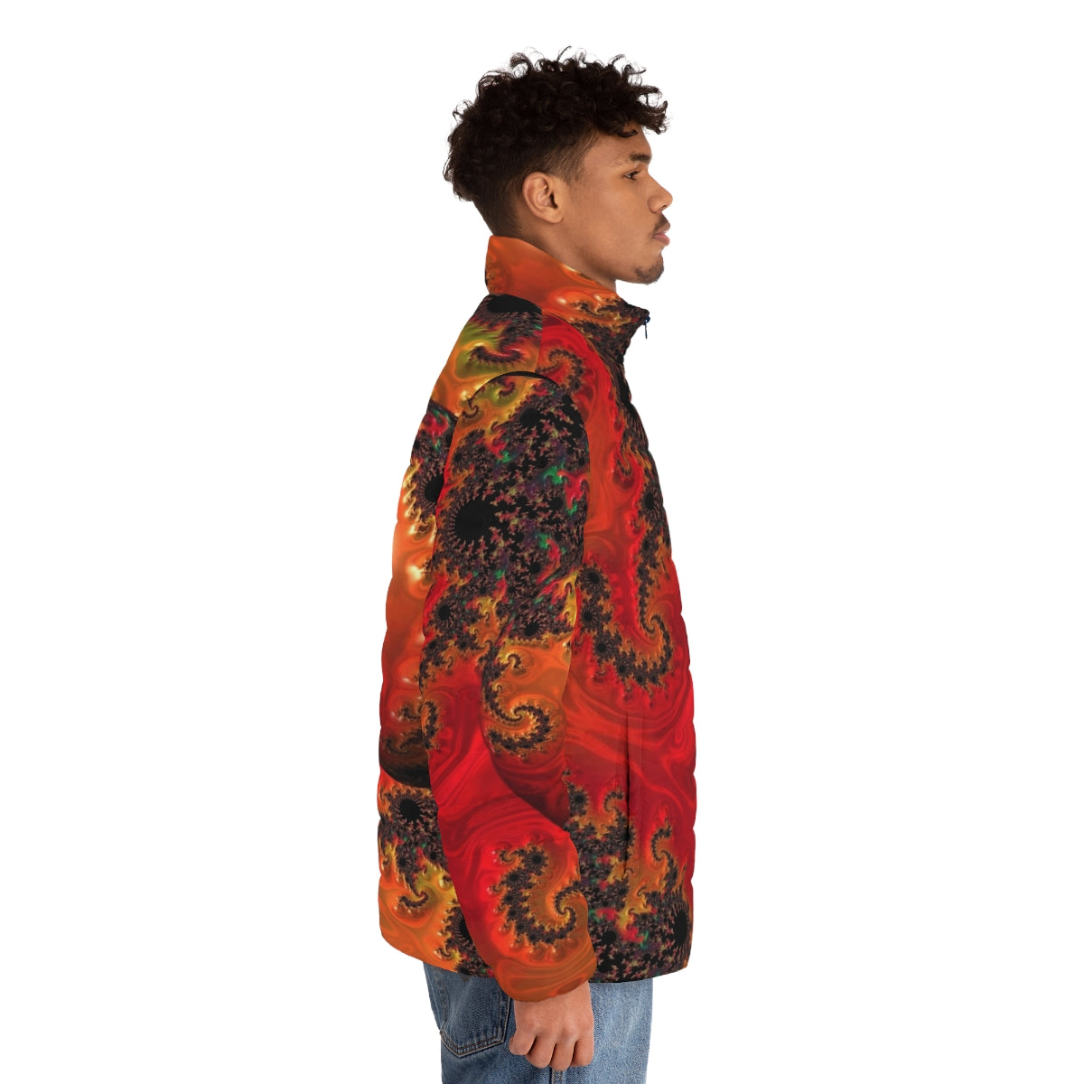 Vibrant and colorful puffer jacket featuring abstract spherical patterns, inspired by contemporary art - men side right